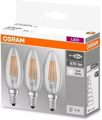 Osram LED Base Classic B Lampe, in Kerzenform mit E14-Sockel, nicht dimmbar, Ersetzt 40 Watt, Filamentstil Klar, Kaltweiß - 4000 Kelvin, 3er-Pack
