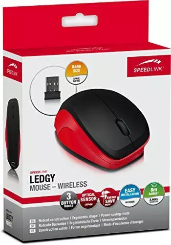 Speedlink (B-WARE) Robuste 3-Tasten-Maus - LEDGY Mouse kabellos (Präziser optischer Sensor mit bis zu 1.200 dpi - bis zu 8m Reichweite durch 2,4-GHz-Funktechnik - Ergonomische Form) Laptop / Tablet / PC / Computer wireless Mouse schwarz-rot