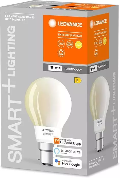 LEDVANCE Smarte LED-Lampe mit Wifi Technologie, Sockel B22d, Dimmbar, Warmweiß (2700K), Birnenform, Matt, Ersatz für herkömmliche 60W-Glühbirnen, steuerbar mit Alexa, Google & App, 1er-Pack