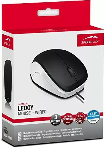 Speedlink (B-WARE) Robuste 3-Tasten-Maus - LEDGY Mouse USB (Ergonomische Form für Rechtshänder - bis zu 900 DPI - Optischer Sensor) PC / Computer wired Mouse schwarz-weiß