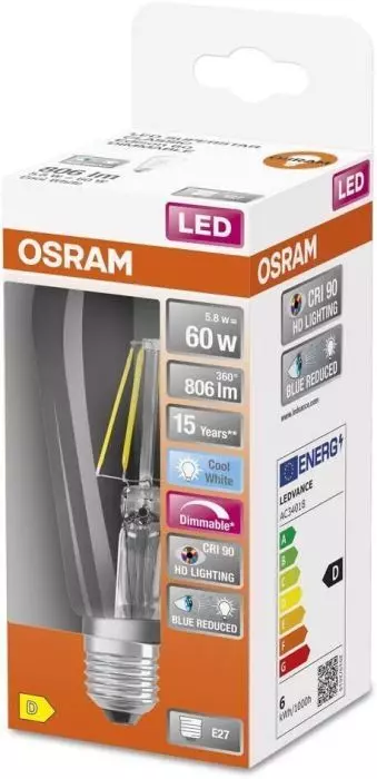 Osram Superstar E27 LED Lampe Dimmbar Kaltweiss 60W