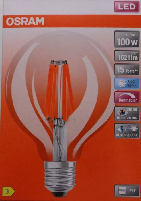  Osram LED Lampe E27 Dimmbar Filament GLOBE95 = 100W 1521 lm Blue Cut 90 Kaltweiß