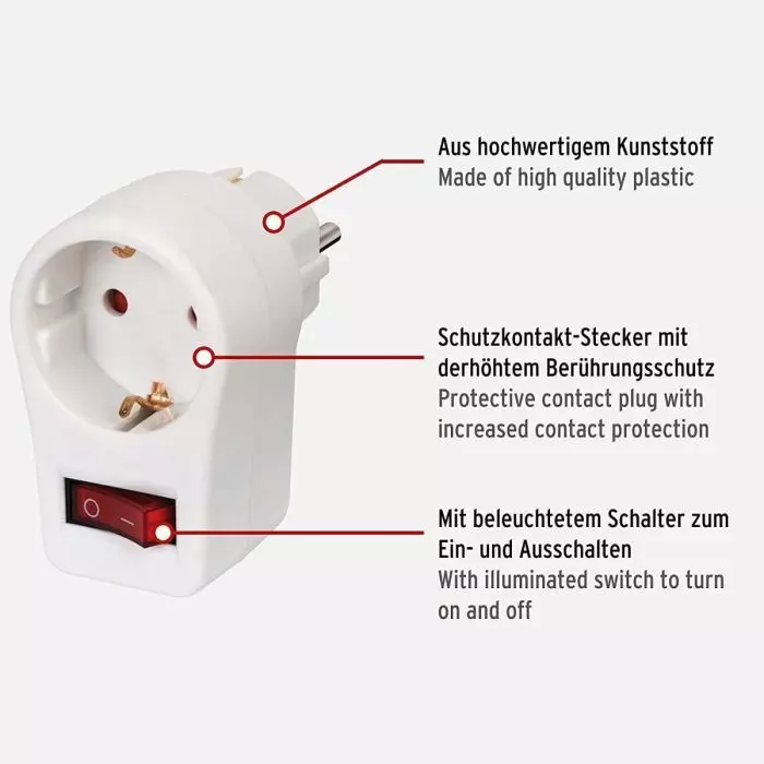 Brennenstuhl Steckdosenadapter/ Schutzkontaktsteckdose mit Schalter (Zwischenstecker mit erhöhtem Berührungsschutz) weiß