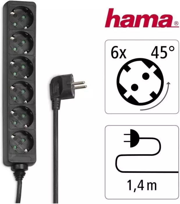 Hama Steckdosenleiste 6-fach Mehrfachsteckdose 6er Steckerleiste 45° Steckdosen 1,4m