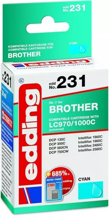 Edding edd-231 Druckerpatrone Brother LC970C/LC1000C cyan 20 ML Einzelpatrone