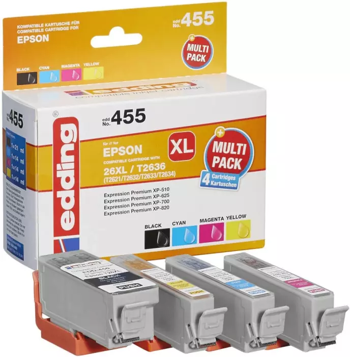 Edding EDD-455 Druckerpatrone Multipack für Epson 26XL T1631, T2632, T2633, T2634