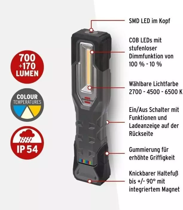 Brennenstuhl Handleuchte Arbeitleuchte mit Magnet und Haken Schwarz