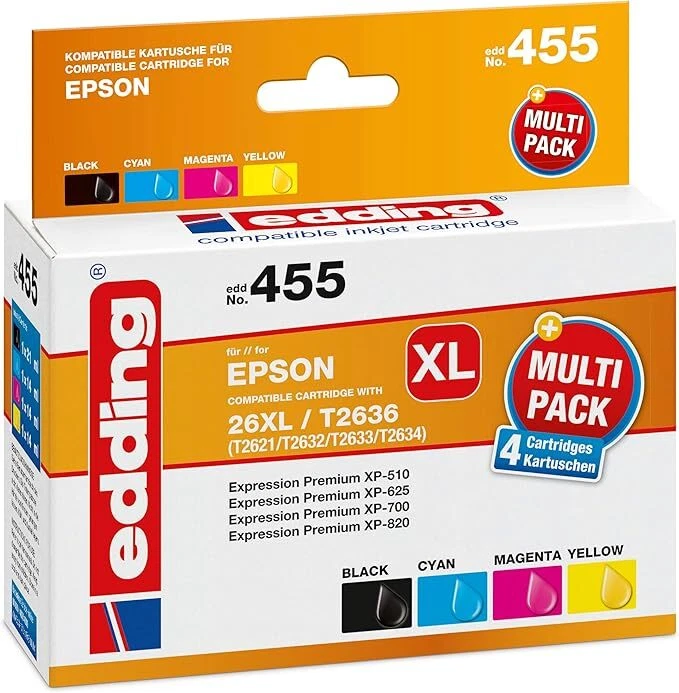 Edding EDD-455 Druckerpatrone Multipack für Epson 26XL T1631, T2632, T2633, T2634