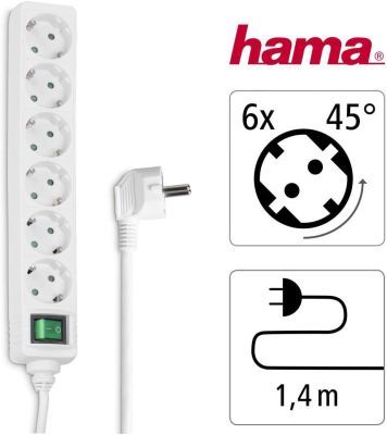 Hama Steckdosenleiste 6-fach (Mehrfachsteckdose 1,4m, inkl. Schalter, erhöhter Berührungsschutz, Steckplätze um 45 Grad gedreht, Steckerleiste GS geprüft) weiß