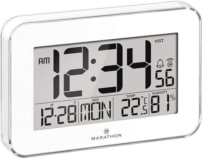 MARATHON Digitale Atom-Wanduhr Zeitumstellung mit Innentemperatur
