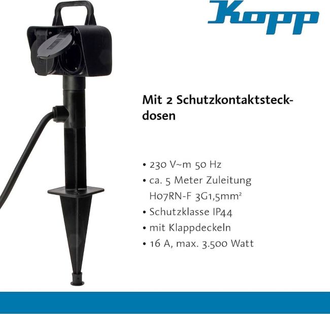 Kopp Außensteckdose mit 2 Schutzkontakt 5m Gartensteckdose
