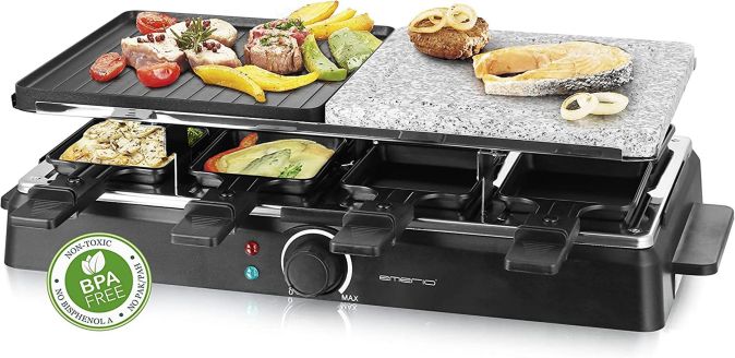 Emerio Raclette 8 Personen Grill und Stein mit Pfännchen und Wender SET Emerio Raclette 8 Personen Grill und Stein mit Pfännchen und Wender SET