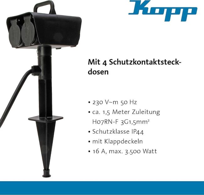 Kopp Außensteckdose 4 Schutzkontakt Gartensteckdose 1,5m Kopp Außensteckdose 4 Schutzkontakt Gartensteckdose 1,5m