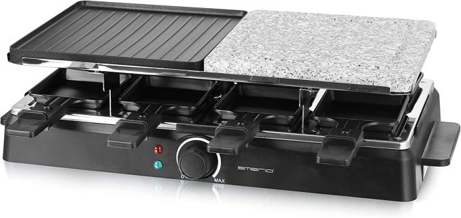 Emerio Raclette 8 Personen Grill und Stein mit Pfännchen und Wender SET Emerio Raclette 8 Personen Grill und Stein mit Pfännchen und Wender SET