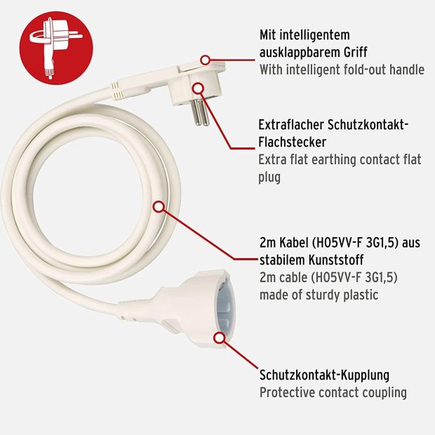 Brennenstuhl Strom Verlängerungskabel mit Flachstecker 2m 