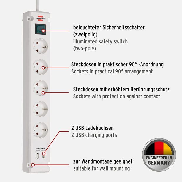 Brennenstuhl Bremounta Steckdosenleiste 5-fach mit USB-Ladefunktion Mehrfachsteckdose