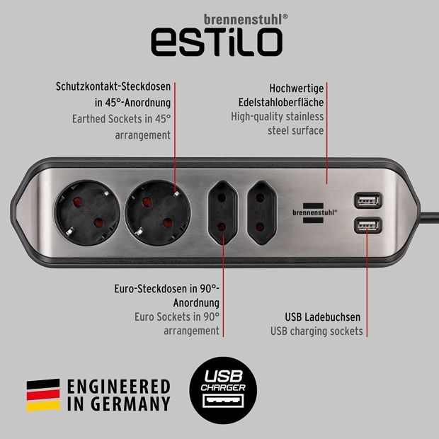 Brennenstuhl 4 Fach Steckdosenleiste mit USB Euro Steckerleiste Brennenstuhl 4 Fach Steckdosenleiste mit USB Euro Steckerleiste
