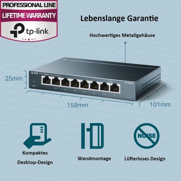 TP-Link TL-SG108 8 Port Gigabit Netzwerk Switch Lan Ethernet Verteiler 10/100/1000Mbps