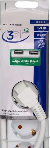 VIVANCO 3 fach Steckdosenleiste mit Schalter + 2fach USB Mehrfachsteckdose VIVANCO 3 fach Steckdosenleiste mit Schalter + 2fach USB Mehrfachsteckdose