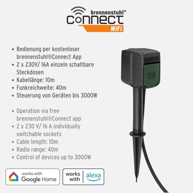 Brennenstuhl Gartensteckdose mit WiFI Außensteckdose mit Erdspiess