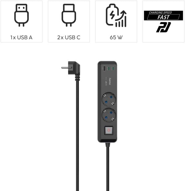 Hama 5in1 Steckdosenleiste mit USB 65W Ladegerät mit Schalter