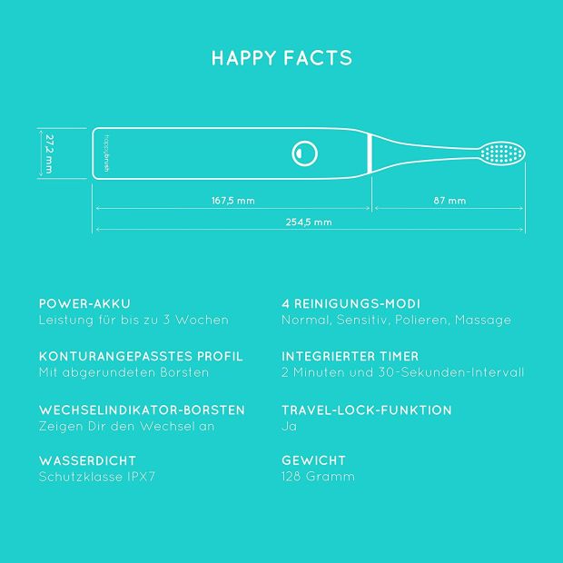 Happybrush Schallzahnbürste inkl. 2 Ersatzbürsten  V1 elektrische Schall Zahnbürste 