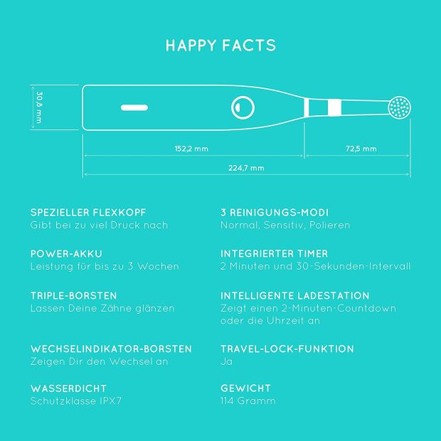 Happybrush Elektrische Zahnbürste inkl. Aufsteckbürste Timer + 2x Ersatzbürste