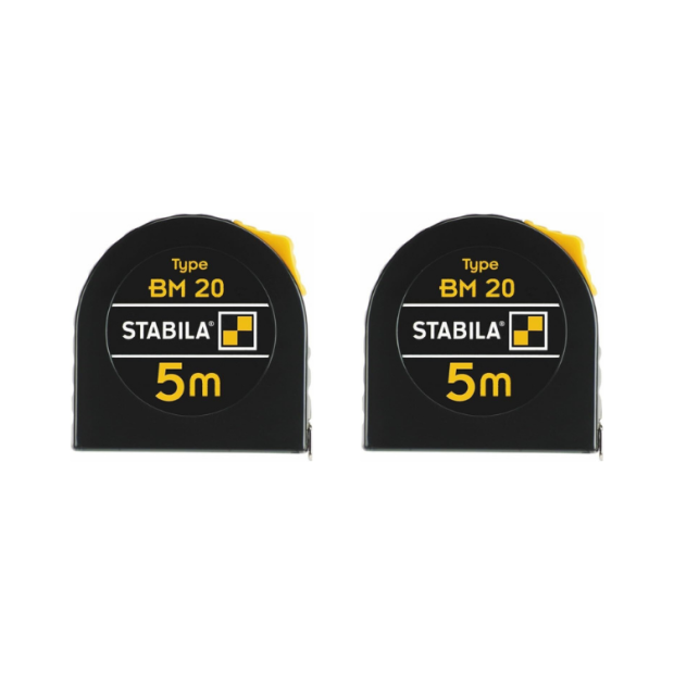 STABILA Taschenbandmaß BM20 5m Stahlband mit cm/mm-Teilung ohne LOGO [2er Pack]