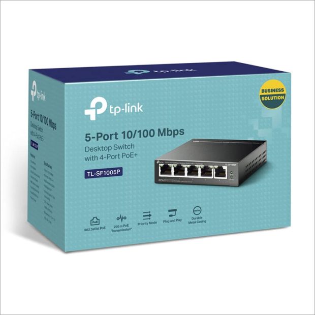 TP-Link TL-SF1005P 5-Port Fast Ethernet PoE Switch mit 4 PoE+ Ports (67 Watt, geschirmte RJ-45 Ports, 250m Übertragungsabdeckung im Extendmodus, Plug-and-Play Installation, lüfterlos) Schwarz, v2.0 [B-WARE]