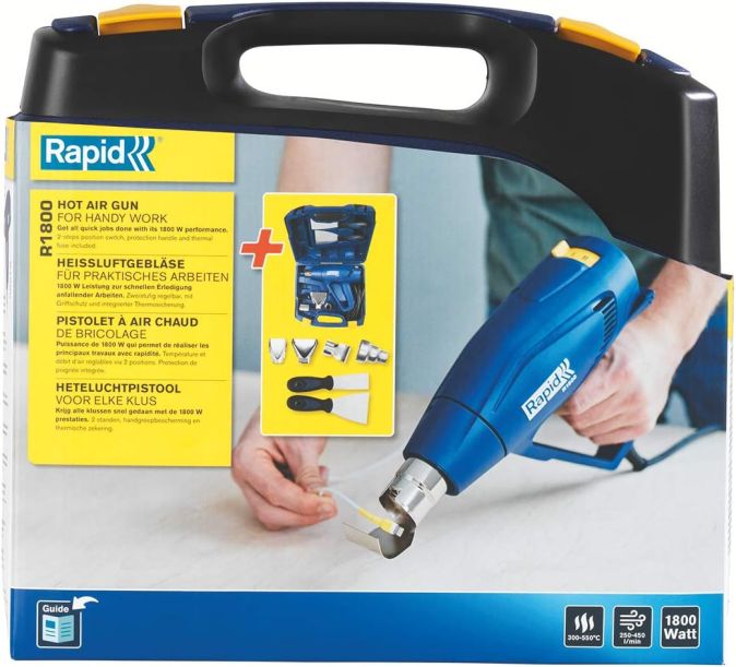 Rapid R1800 Heißluftpistole mit 4 Düsen 2 Farbschaber 1800W Heißluftfön 300-550°