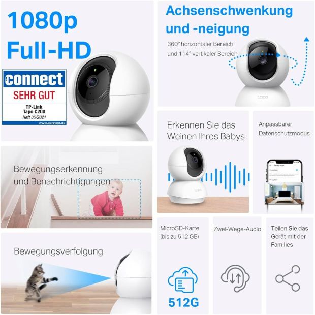 TP-Link Wifi Tapo C200 360° WLAN 1080P Überwachungskamera [B-WARE]