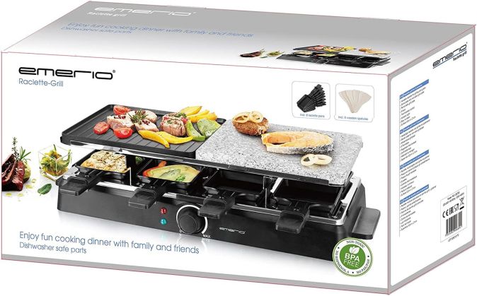 Emerio Raclette 8 Personen Grill und Stein mit Pfännchen und Wender SET Emerio Raclette 8 Personen Grill und Stein mit Pfännchen und Wender SET