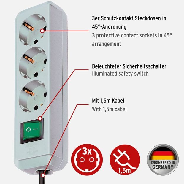 Brennenstuhl Eco-Line, Steckdosenleiste 3-fach Lichtgrau