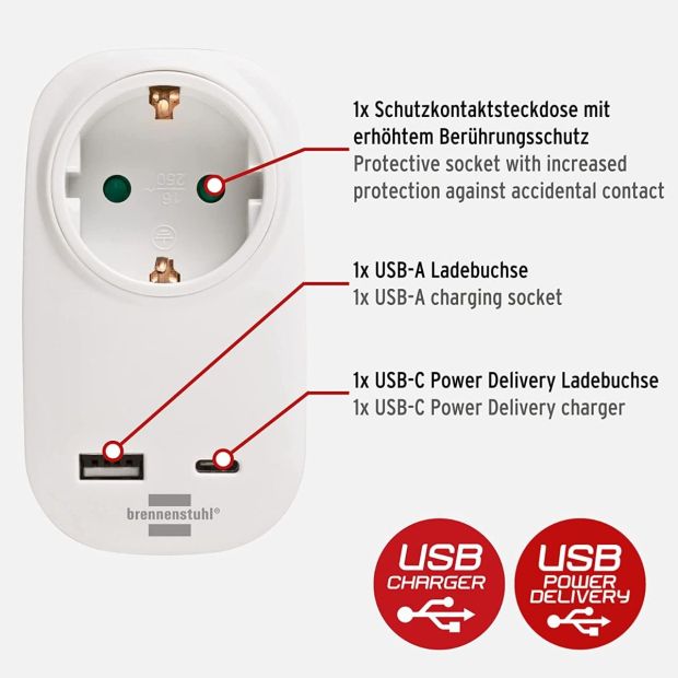 Brennenstuhl Steckdose mit USB USB-C Adapter schnellladen Zwischensteckdose 