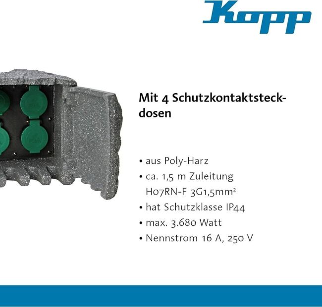 Kopp Energiestation 4-Fach Aussenstecker Steinsteckdose 1.5m