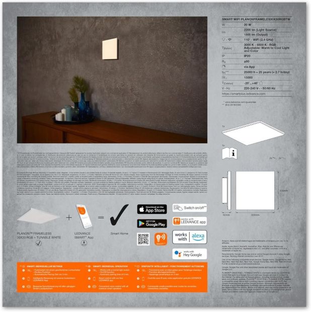 LEDVANCE SMART+ Planon Panel Frameless ‎2200 lm WiFi RGBTW LED Deckenleuchte 300mmx300mm