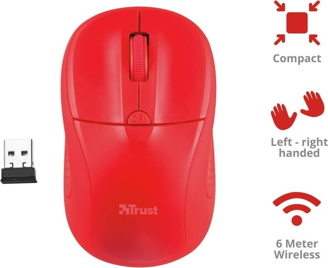 Trust Primo Kabellose Optische Maus USB Funkmaus 1600 DPI Rot [2er]