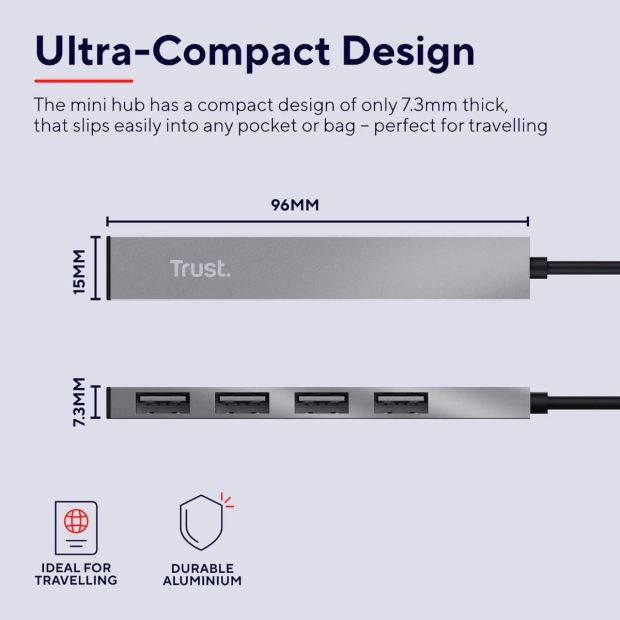 Trust Halyx Mini 4 Port USB Hub 2.0, USB-A Adapter