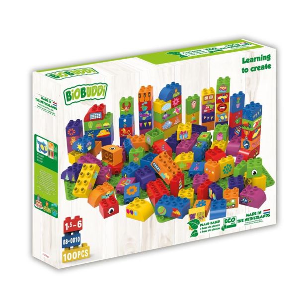 BiOBUDDi Blöcke mit 3 Grundplatten Spielzeugsteine Grundbausteine 100 Bausteinen