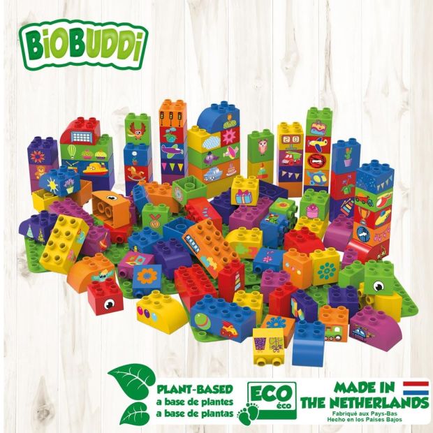 BiOBUDDi Blöcke mit 3 Grundplatten Spielzeugsteine Grundbausteine 100 Bausteinen