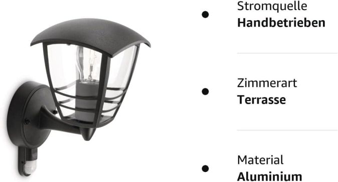 Philips Außenwandleuchte E27 mit Bewegungsmelder 60W Außenleuchte Wetterfest Schwarz