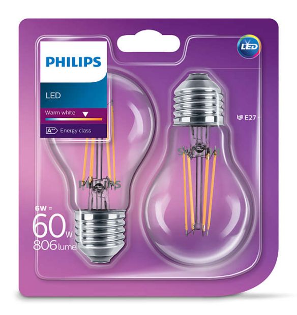 Doppelpack Philips LED classic Lampe Filament 60 W  E27 Warmweiß 