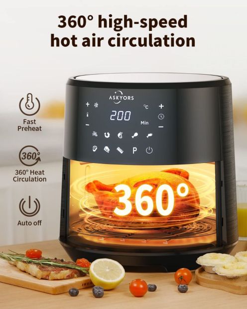 Askyors Heißluftfritteuse 8L XXL Airfryer Friteuse für 6-8 Personen 
