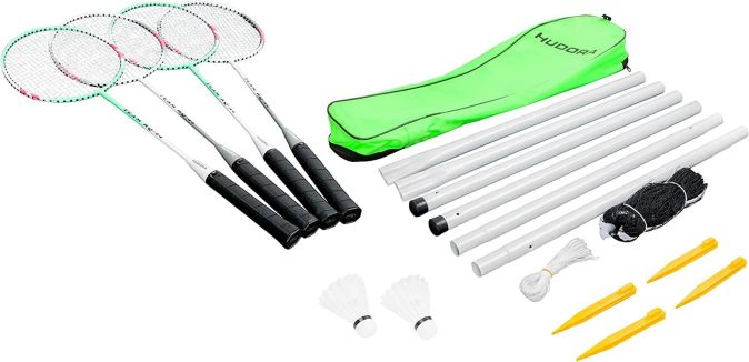 Hudora Badminton 4er Set Schläger mit Netz Tasche Badmintonset