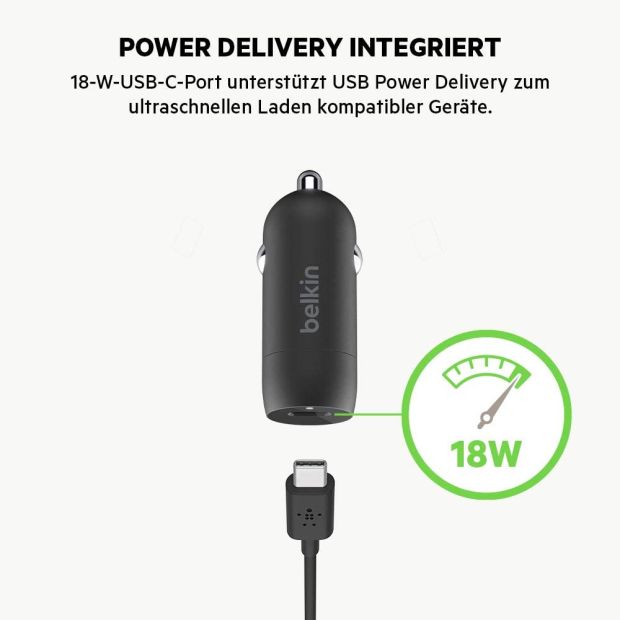Belkin KFZ Ladegerät USB-C 18W 1,2m USB Lighting Kabel Schnellladegerät