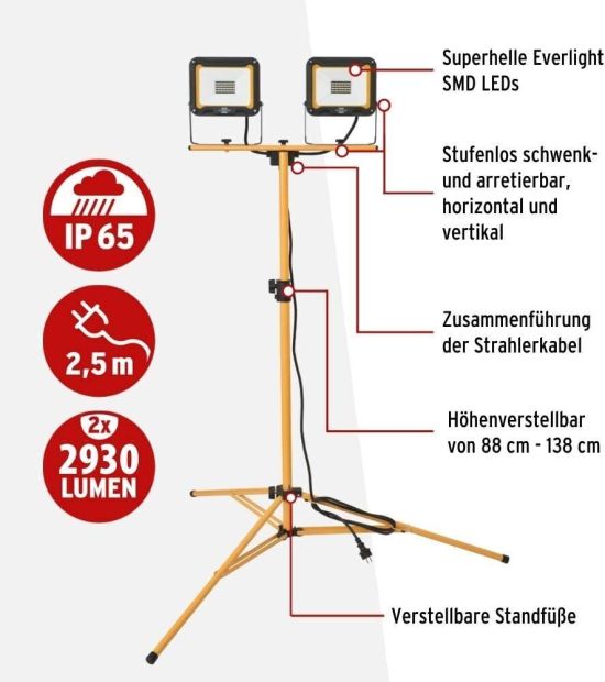 Brennenstuhl Doppel LED Fluter Baustrahler 2x LED mit Stativ Strahler 