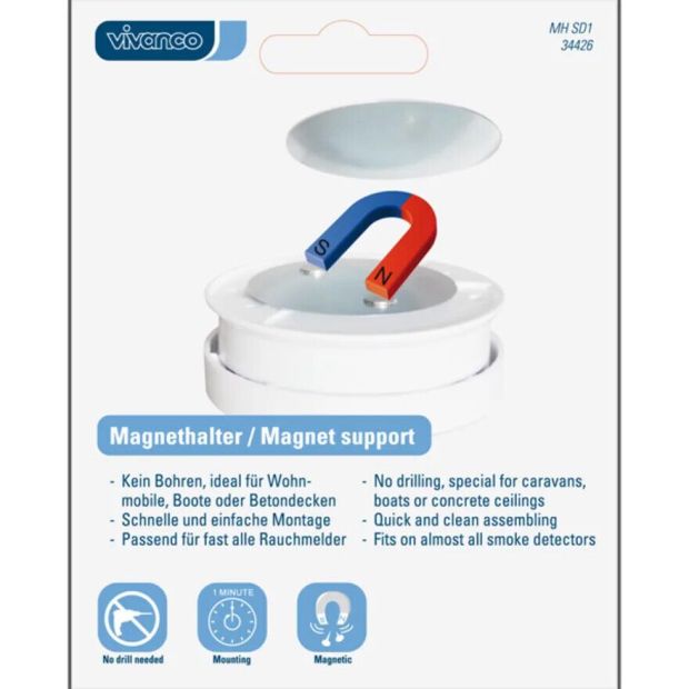 Vivanco Rauchmelder Magnethalterung Magnet Befestigung ohne Bohren 