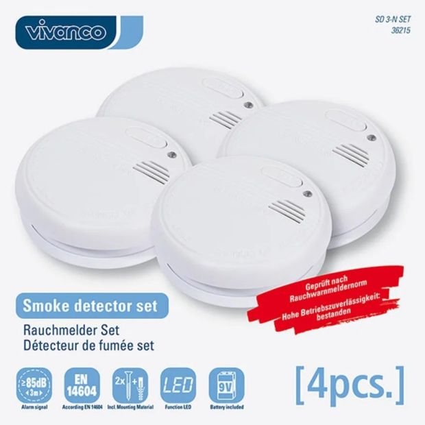 ViVanco™ Rauchwarnmelder Photoelektrisch 85dB Alarm inkl. Batterie [4er-Pack]