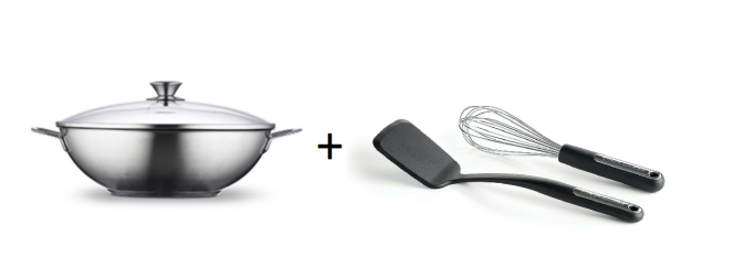 Fontignac Wokpfanne mit Deckel 32 cm Induktion Pfanne Edelstahl + Gratis KitchenAid Set