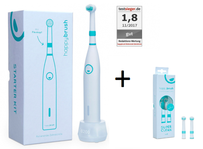 HAPPYBRUSH R1 StarterKit Rotierende Zahnbürste Weiß + Gratis 2er Pack Ersatzbürsten HAPPYBRUSH R1 StarterKit Rotierende Zahnbürste Weiß + Gratis 2er Pack Ersatzbürsten